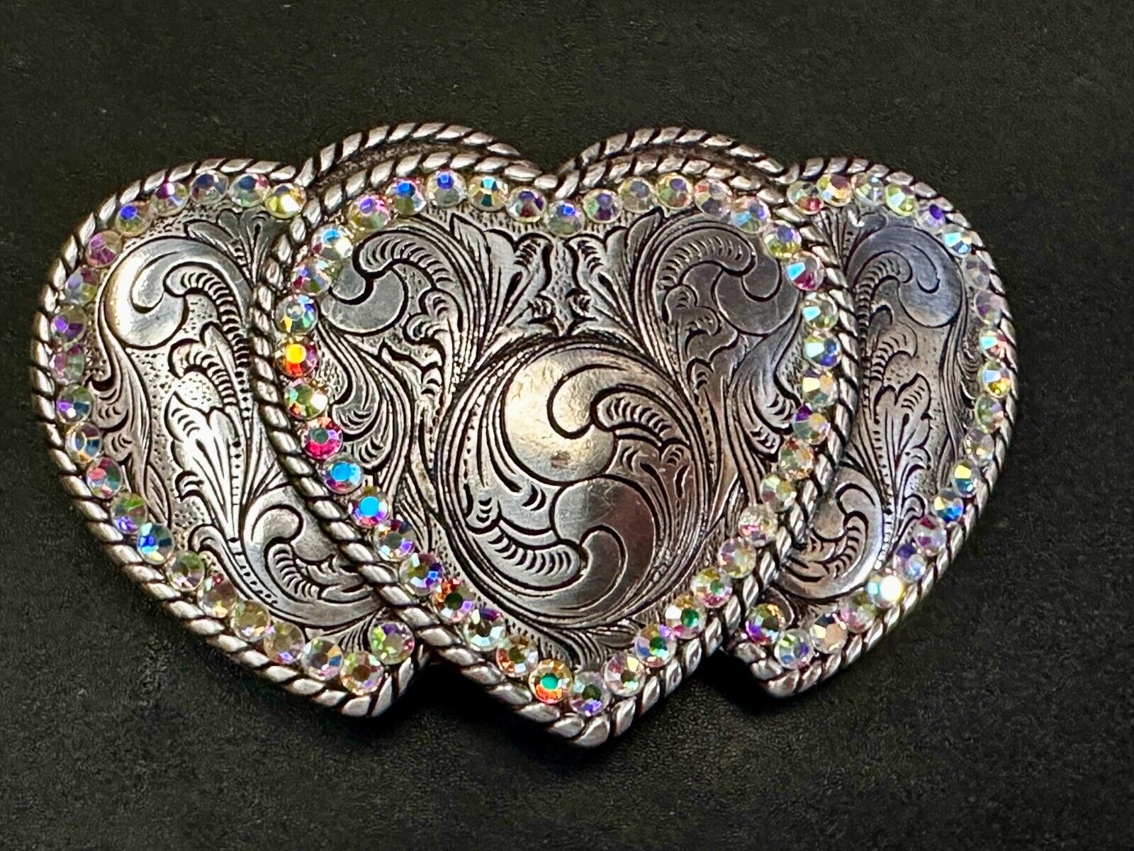 Triple / 3 Hearts - Rhinestone accented Silver tone cutout western Belt Buckle