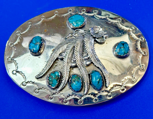 Unique 1980 signed multipal turquoise stones & Feathers belt buckle