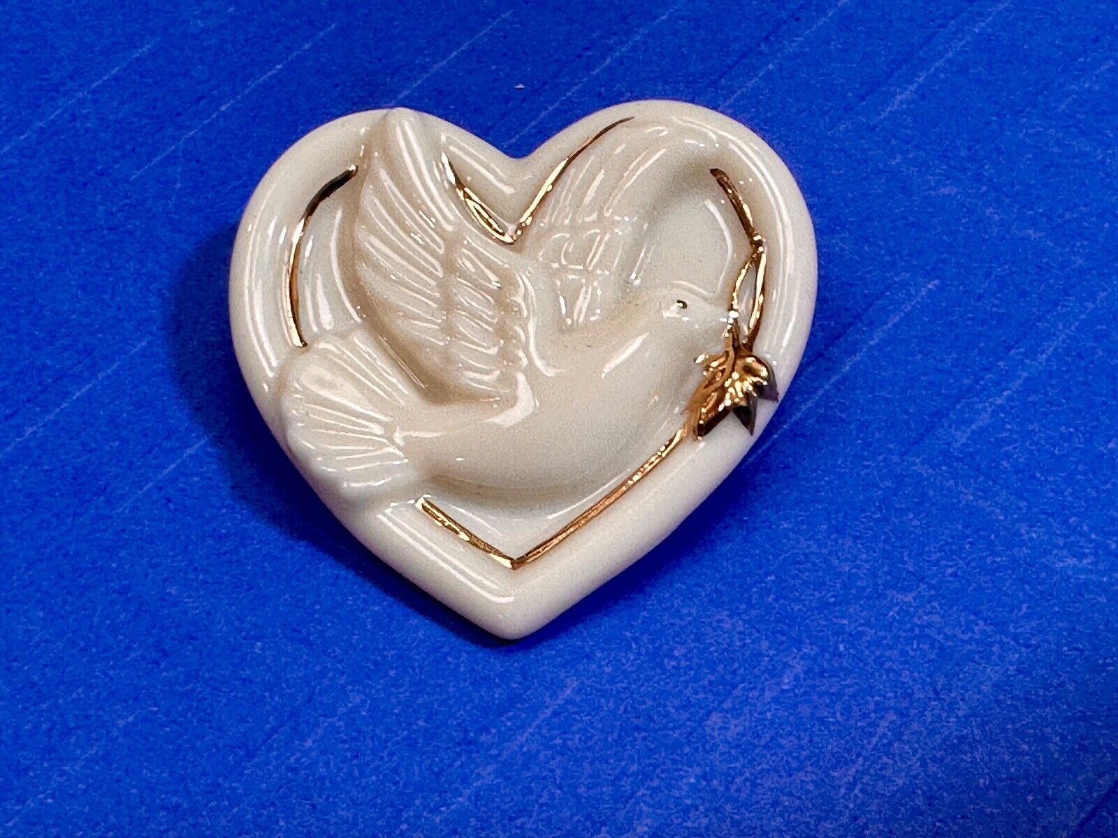 Vintage Lenox Heart Shaped Brooch with Peace Dove & Olive Branch, Gold Trim