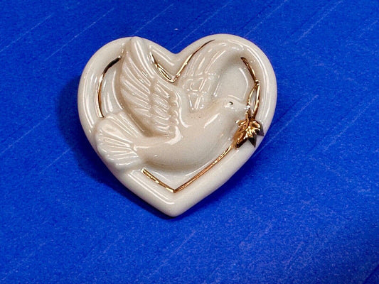 Vintage Lenox Heart Shaped Brooch with Peace Dove & Olive Branch, Gold Trim