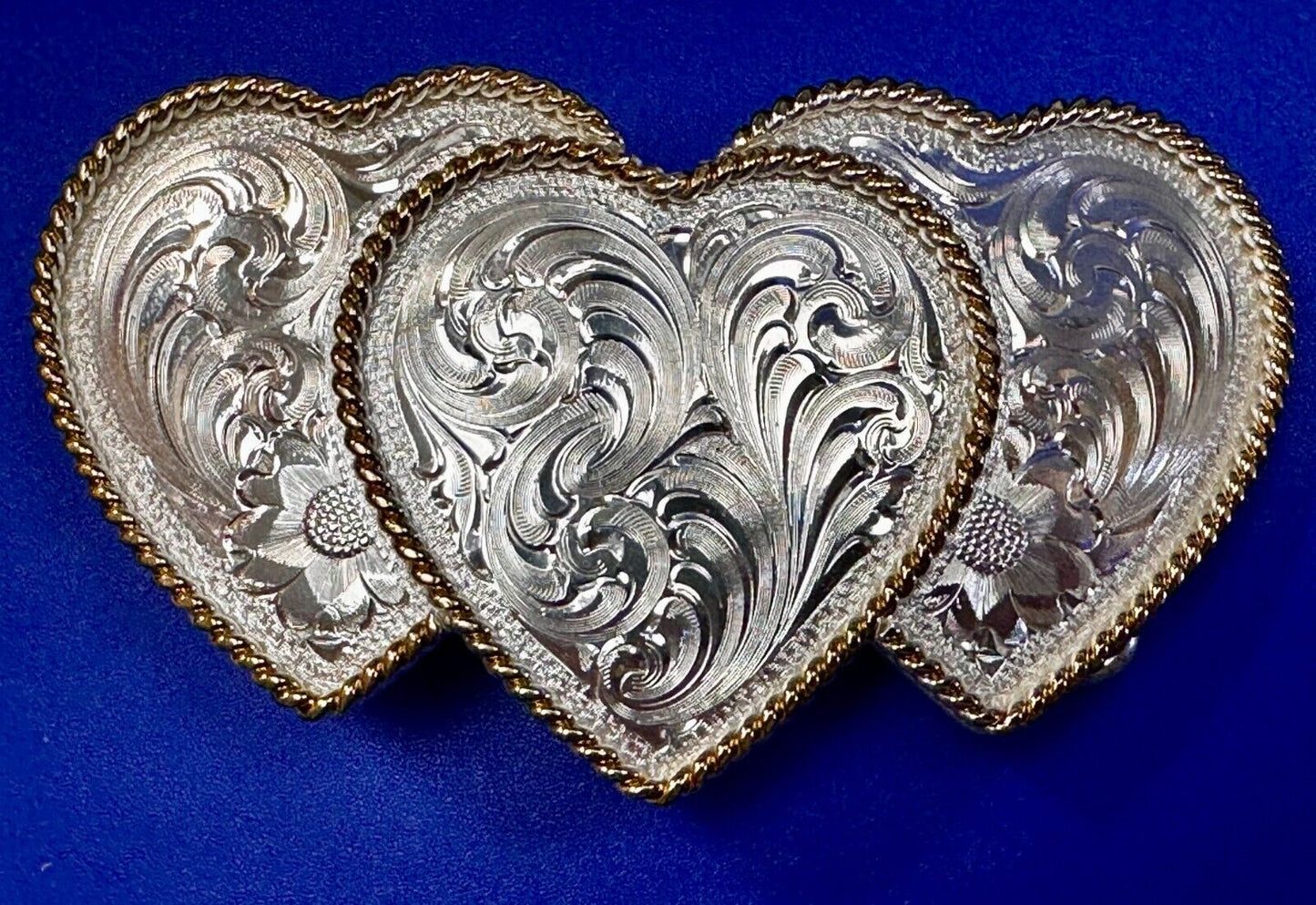 Triple 3 Hearts  Etched Floral Vintage Large Montana Silversmiths Belt Buckle