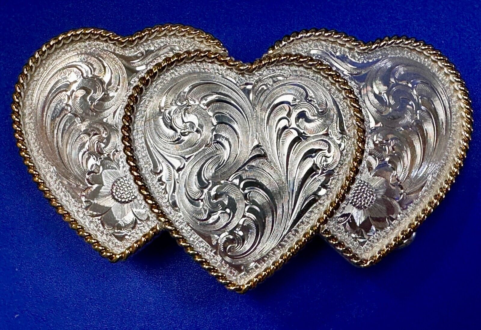 Triple 3 Hearts  Etched Floral Vintage Large Montana Silversmiths Belt Buckle