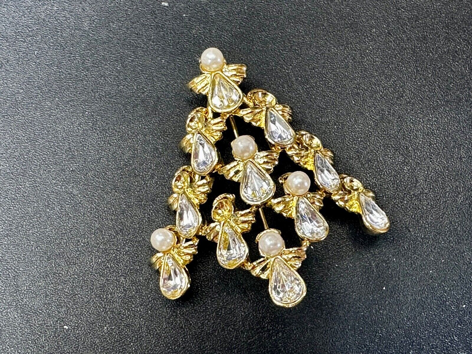 Angel Christmas Tree with Faux Pearls Vtg. Gold Tone Brooch Pin by Ninna Ricci