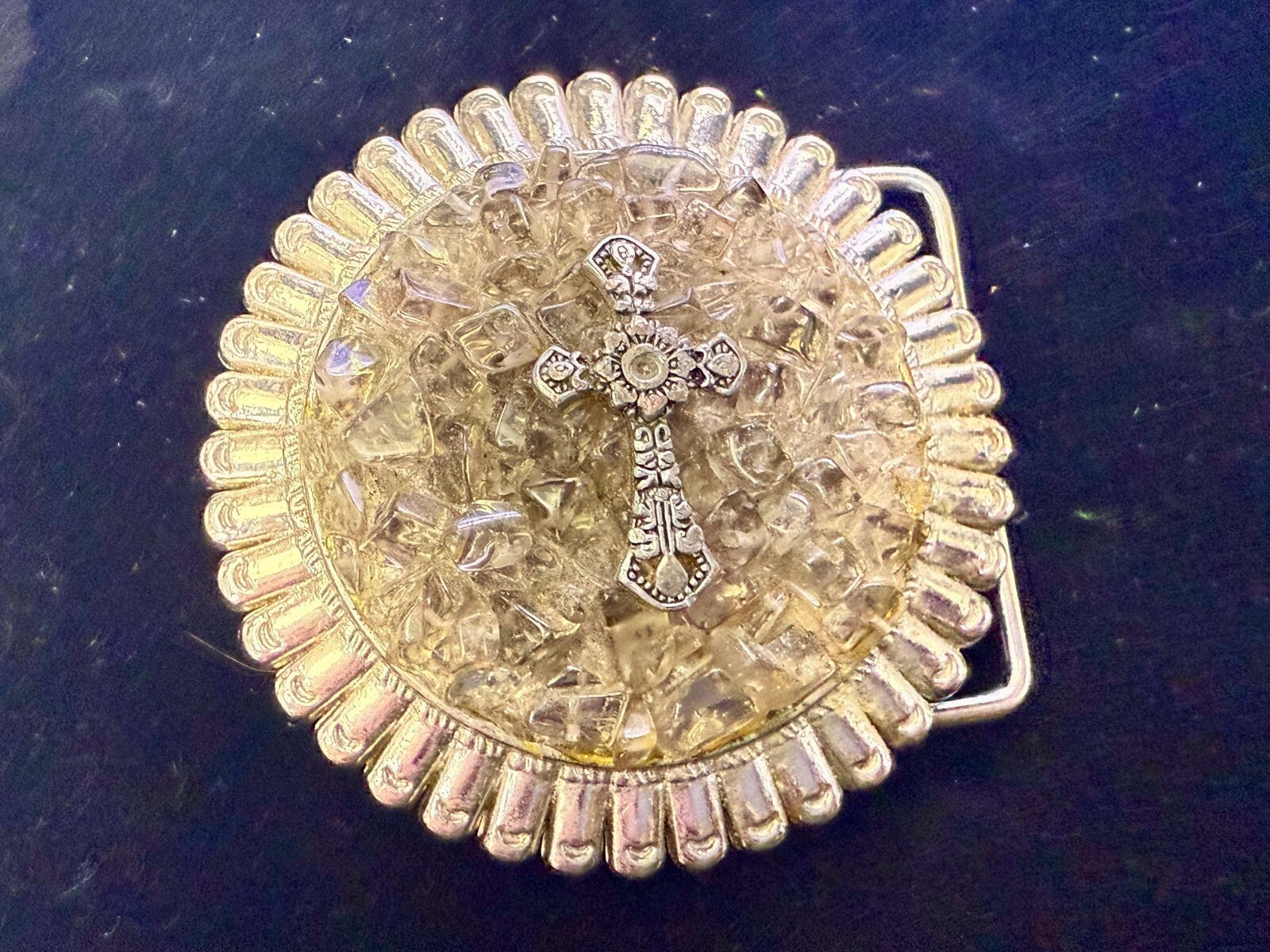Artisan Religious Iron Cross Clear Stone Covered Unique Round Belt Buckle