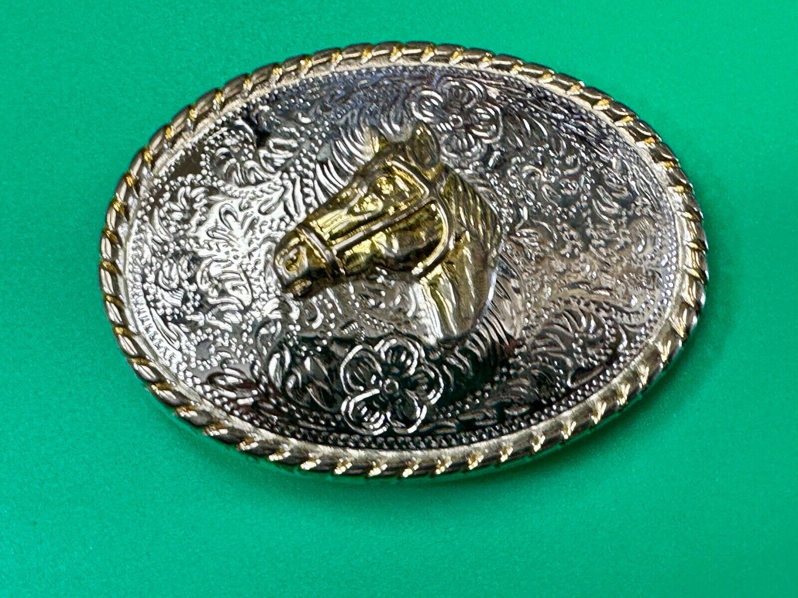 Vintage Horse Head  Two tone oval western 2.75" wide belt buckle by Ivan