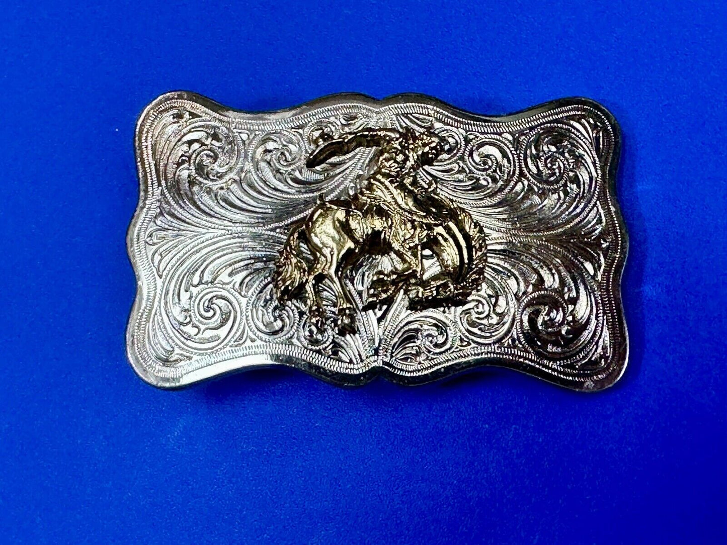Vintage Cowboy Saddle Bronc western two tone ornate flower swirl belt buckle
