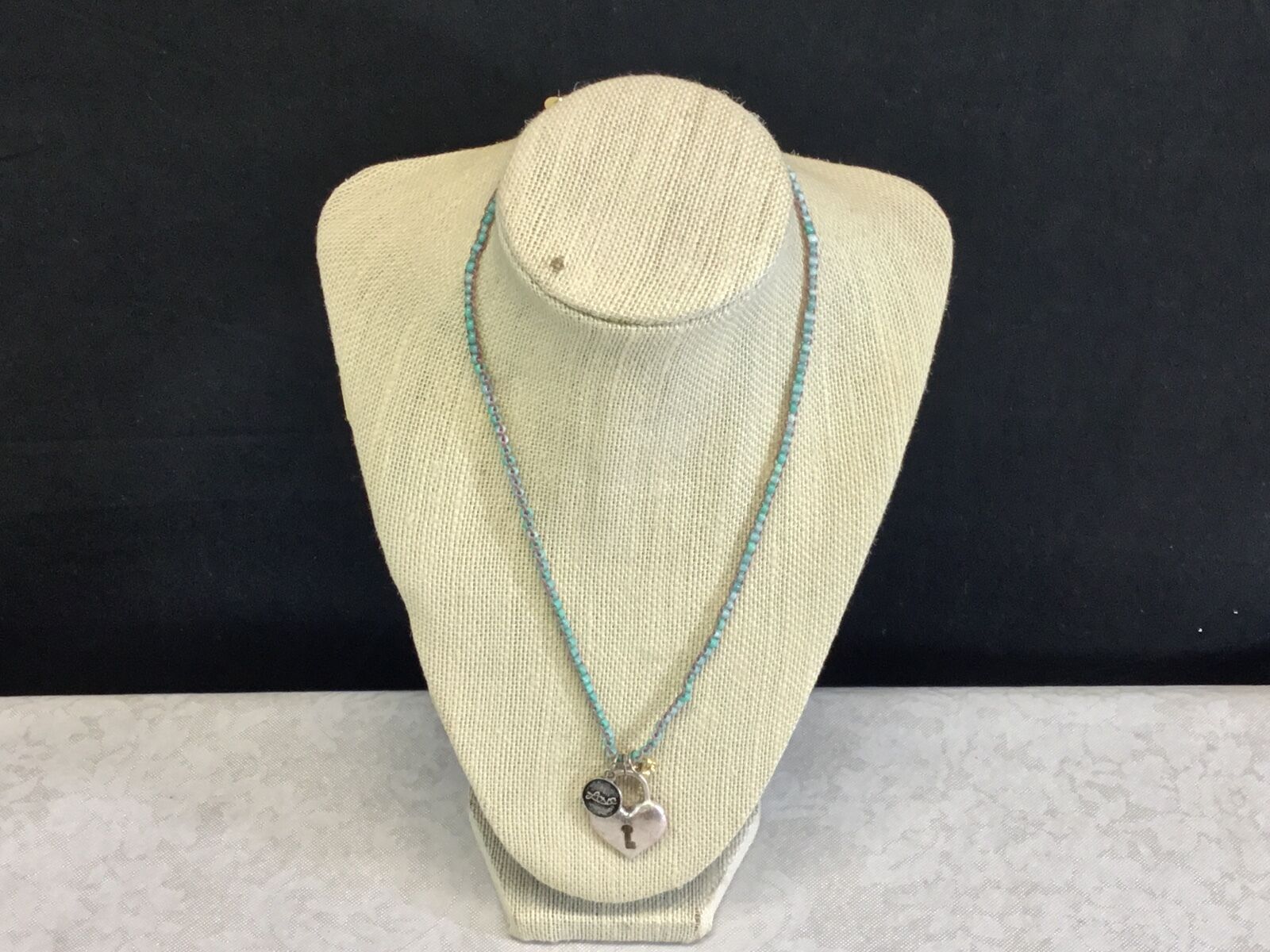AEO silvertone locket heart pendant key beaded necklace Dual double American 