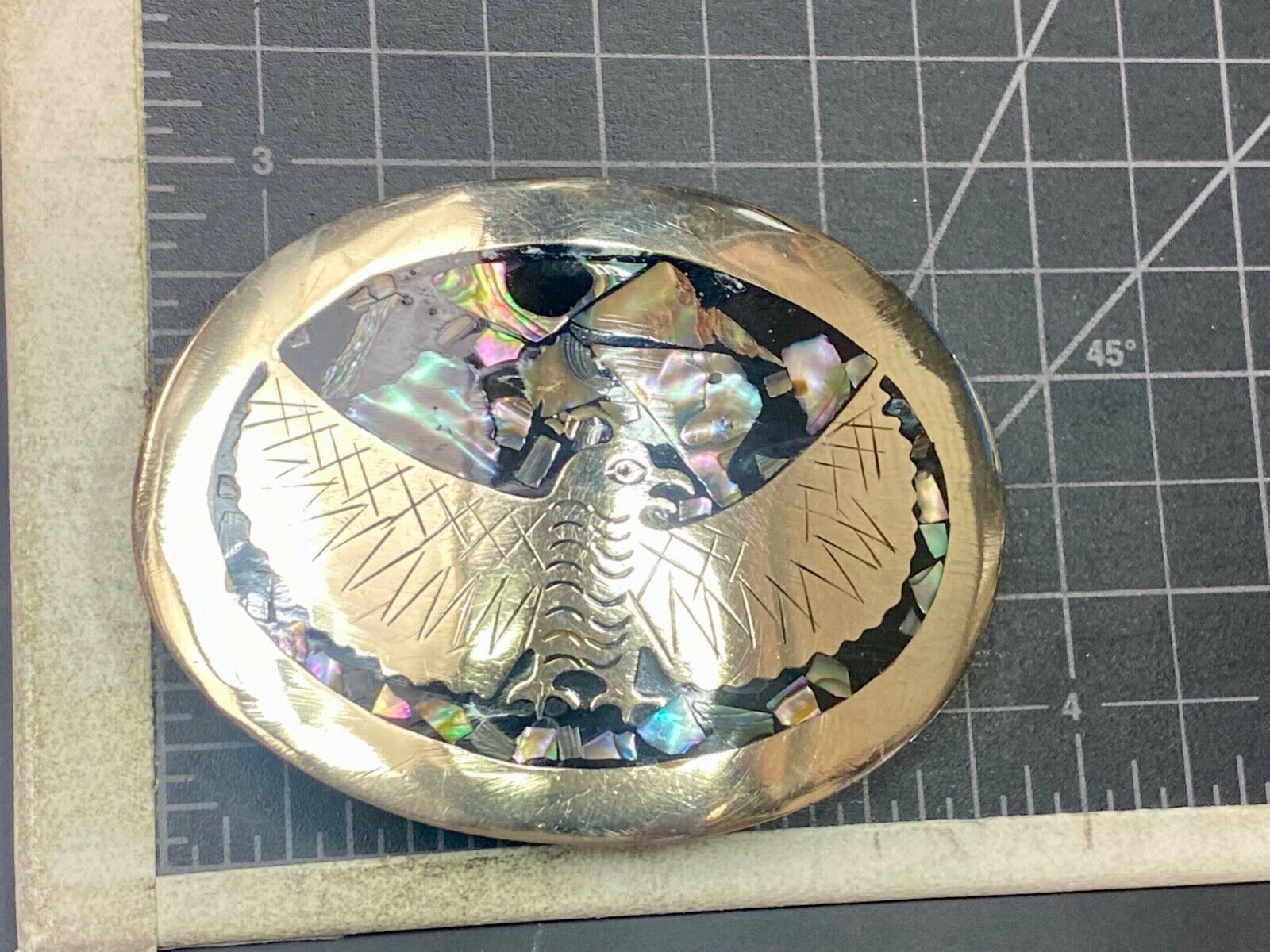 Abalone Shell Native BIRD - wings wide Alpaca Mexico stamped belt buckle