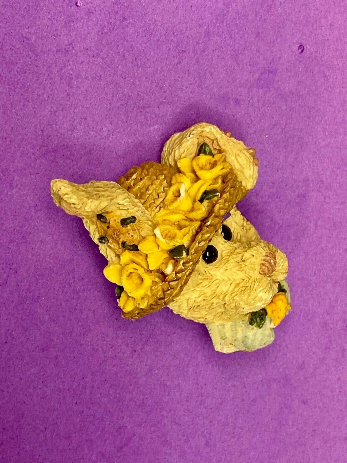 Teddy Bear w/ Straw Flower Hat Vintage Ceramic Boyds Bears Brooch Pin