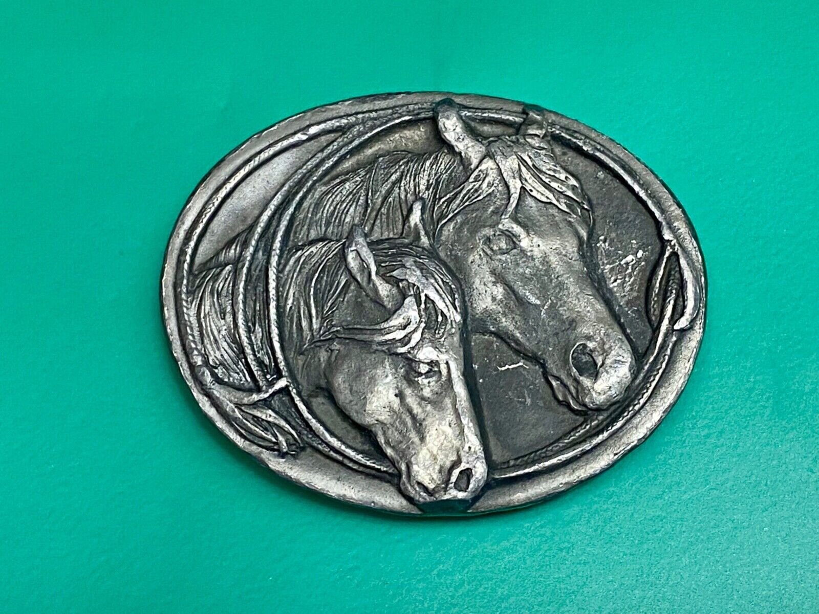 Two Horse Heads western 3" wide belt buckle - Key Makers Mark / Hallmark