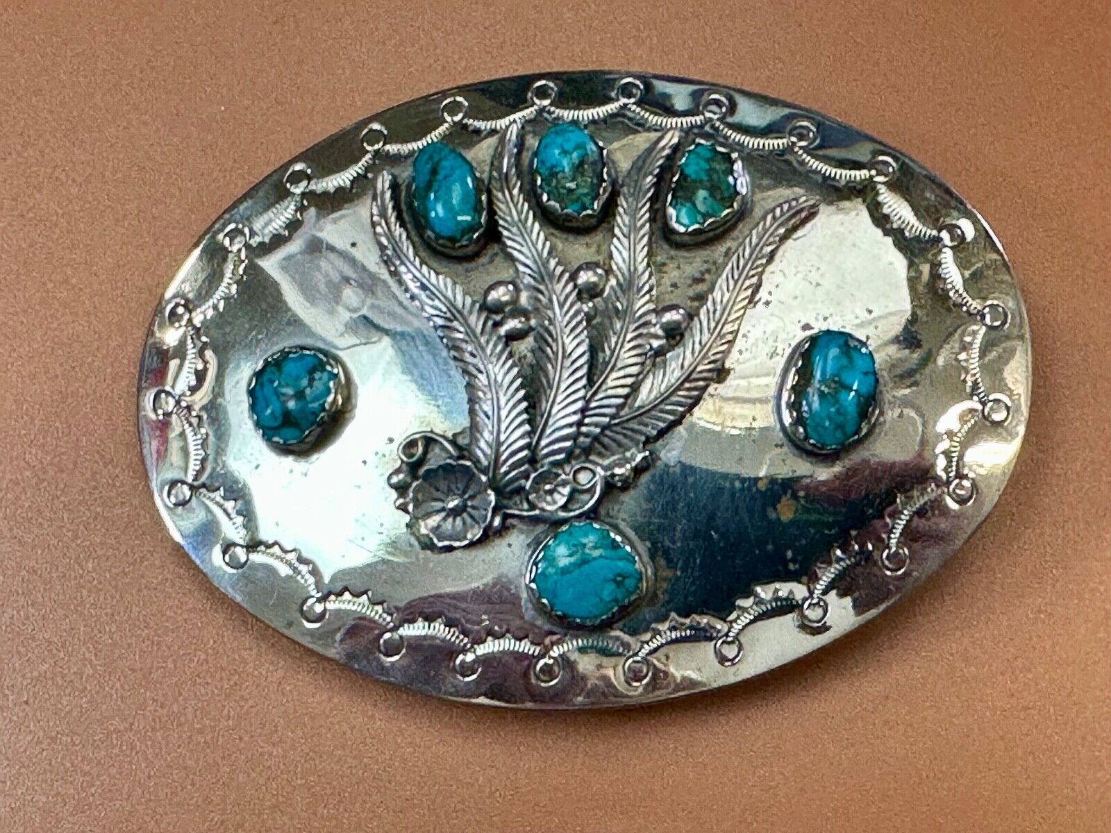 Unique 1980 signed multipal turquoise stones & Feathers belt buckle