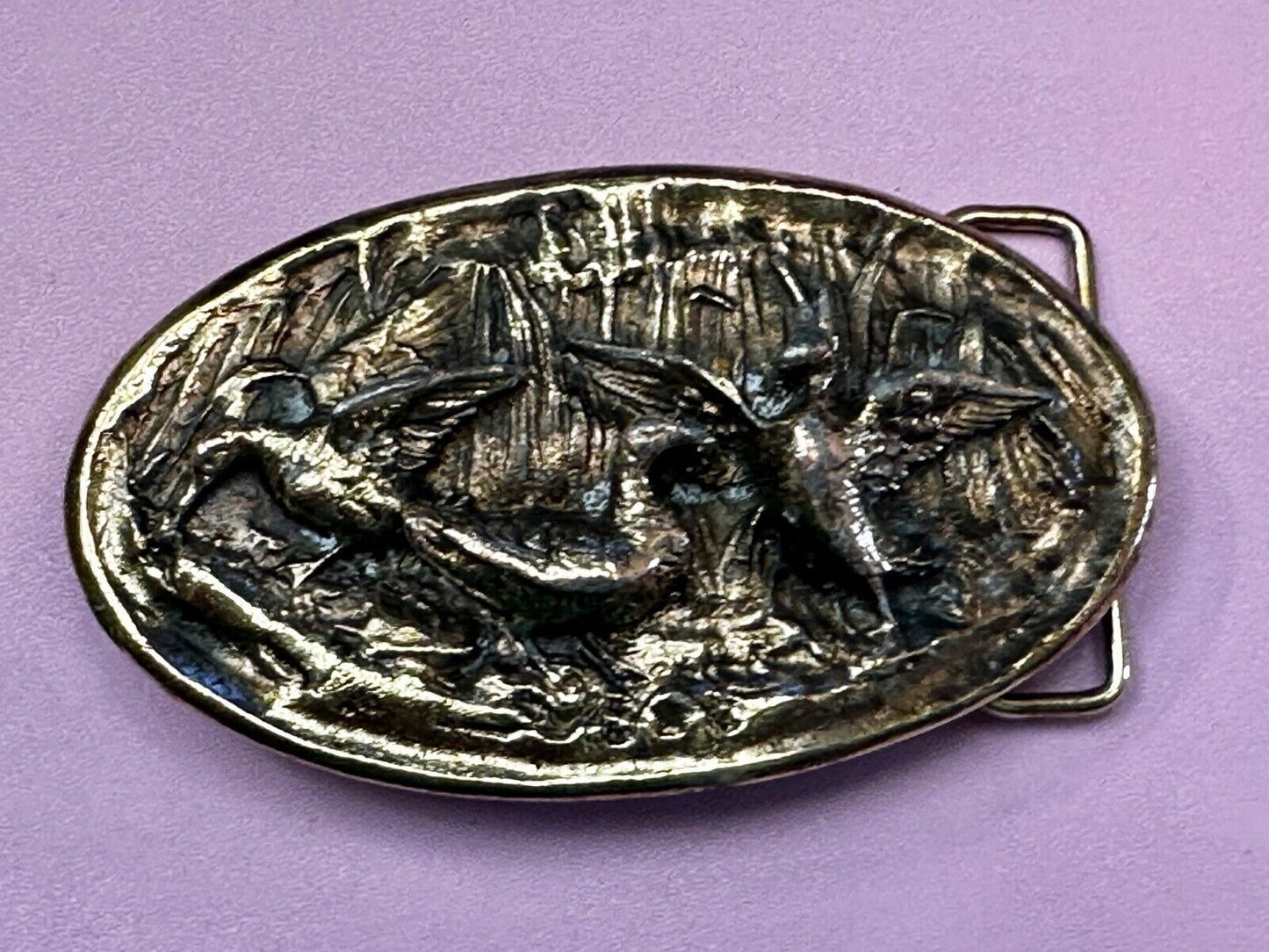 Two Ducks Frolicking In Pond Vintage 1970's Adezy Denver Belt Buckle