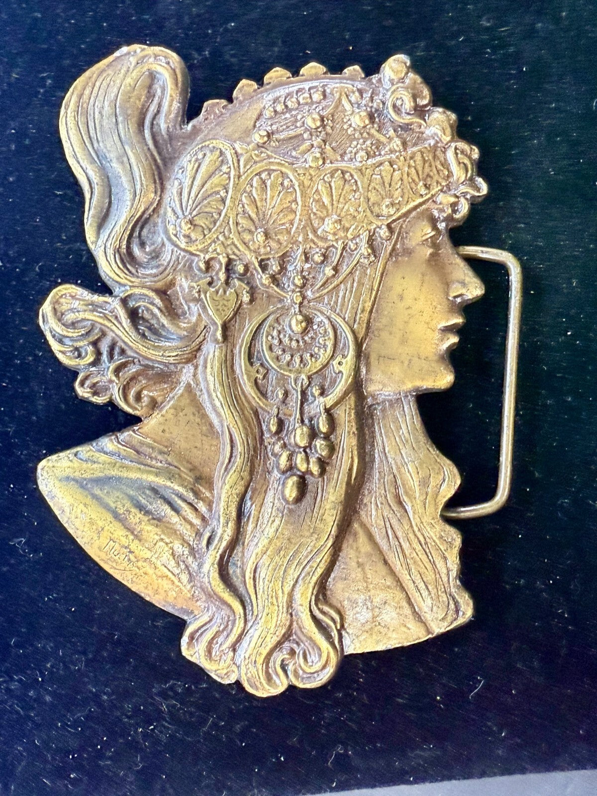 Alphonse Mucha Art Nouveau Boho Hippy Vibe Brass Tone Bergamot Belt Buckle E-60