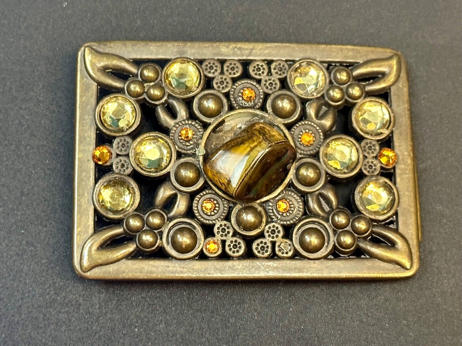 Antique Brass Style Hippie Vintage Belt Buckle With Tigers Eye In Center