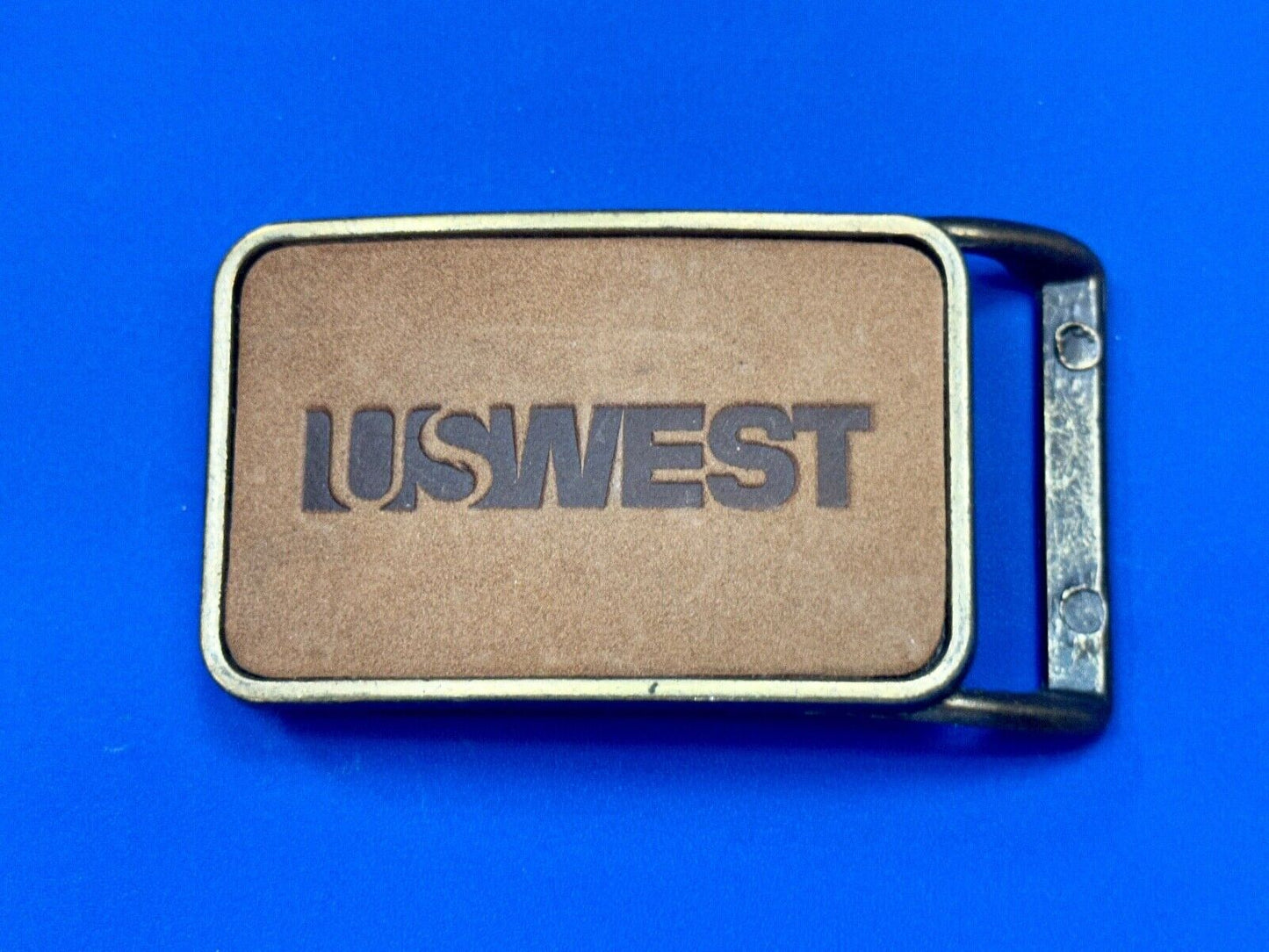 US WEST Telephone Service Company Promo Vintage Leather & Brass Tone Belt Buckle