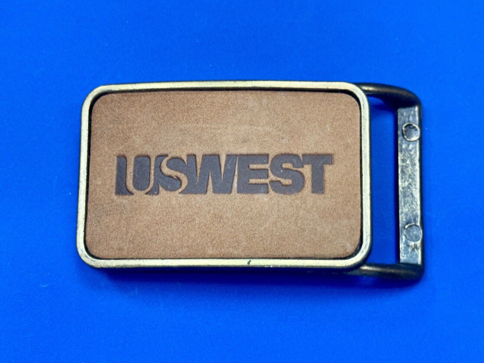US WEST Telephone Service Company Promo Vintage Leather & Brass Tone Belt Buckle