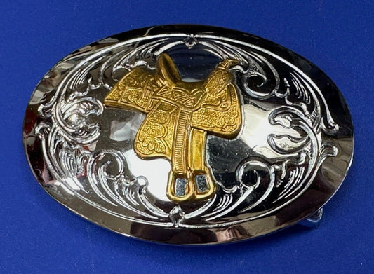 vintage Chambers Horse Saddle - Cowboys Cowgirls two tone belt buckle