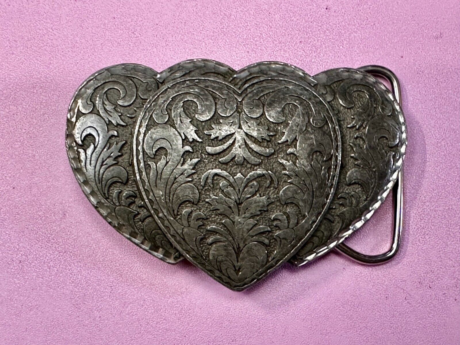 Triple Hearts Flower Swirl VTG 1995 Western Cowboy Cowgirl Belt Buckle C&J Inc.