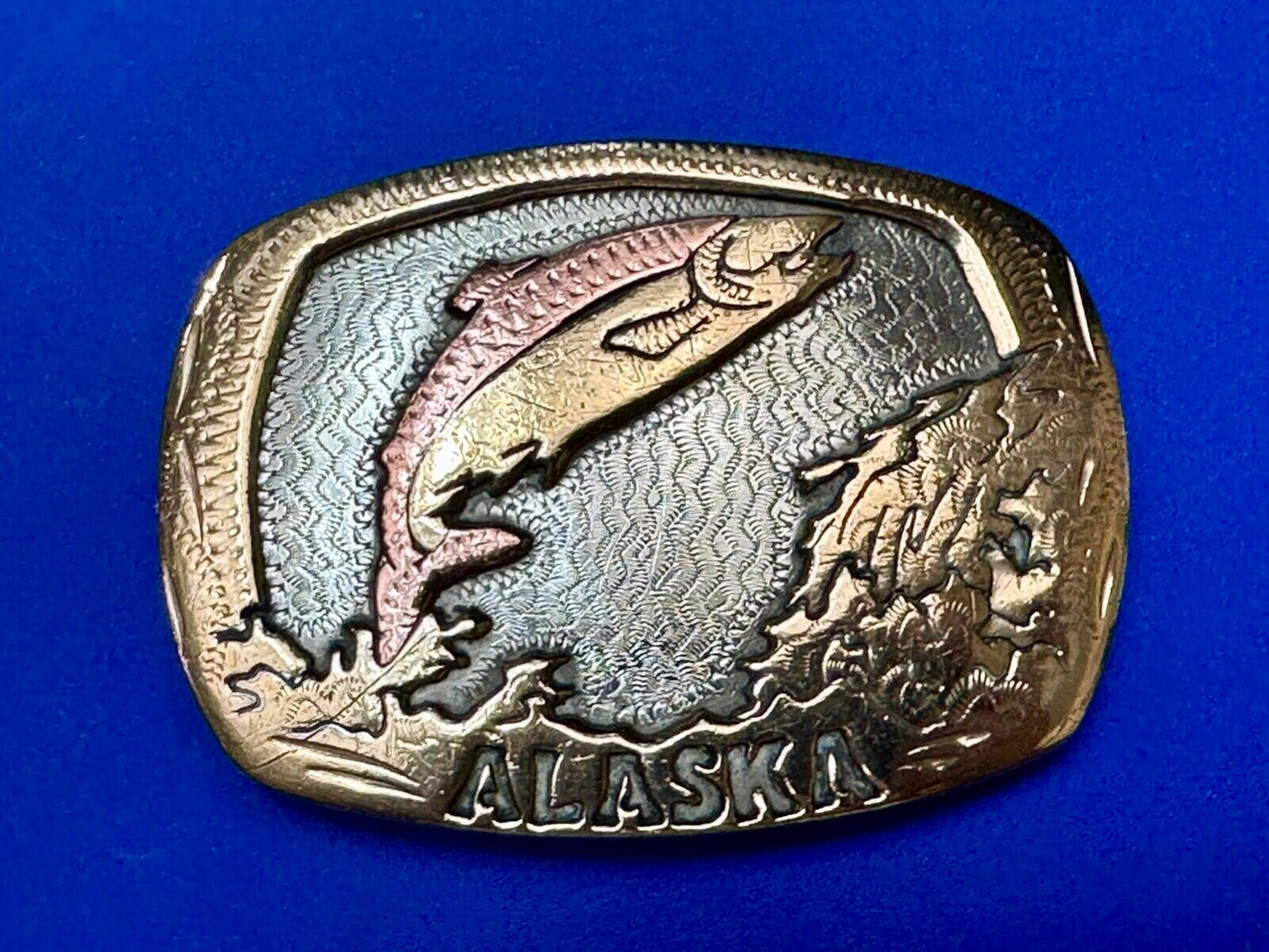 Vintage  Alaska Fish Trout western two tone belt buckle Handcrafted in the USA