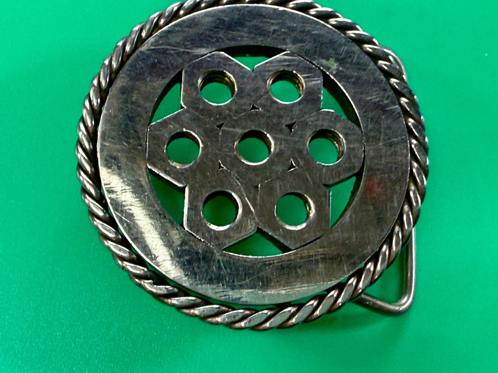 Artisan Welder's Art Handmade Abstract Open Work Round Silver Color Belt Buckle