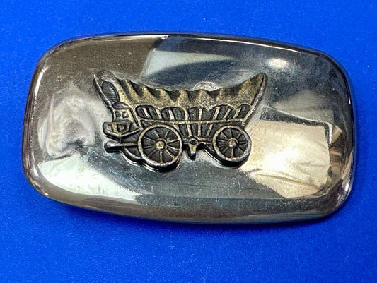 70s Covered Wagon two tone reflective rounded corner USA made belt buckle
