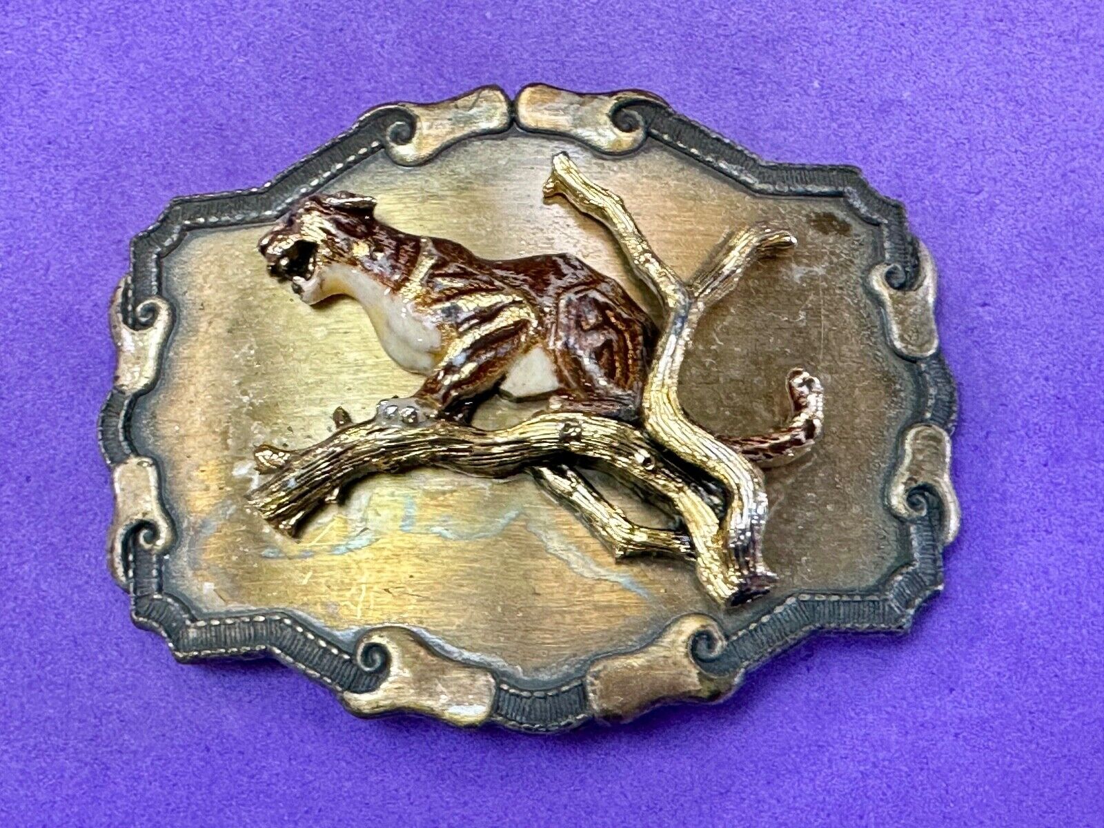 Vintage bobcat? leaping from branch western framed belt buckle by Raintree
