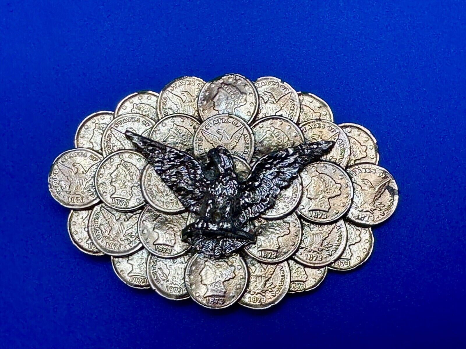 American Eagle wings wide over cluster of Indian Head Coins belt buckle