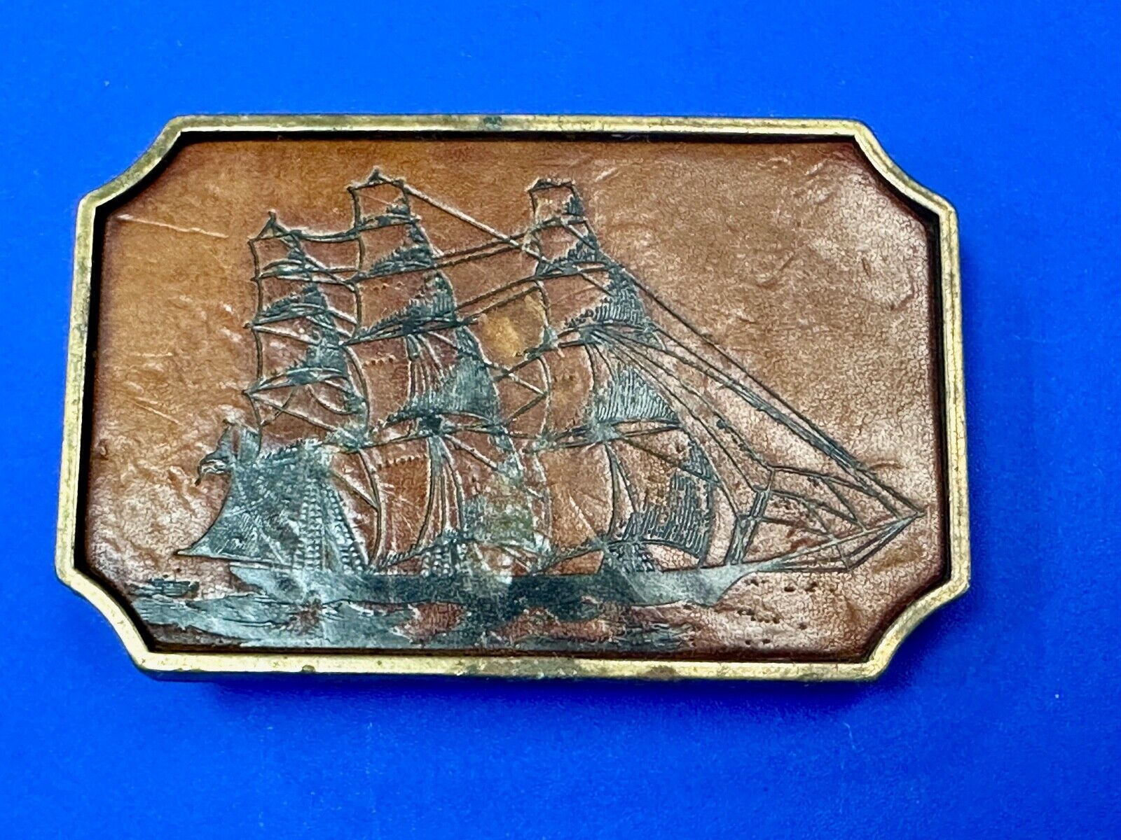 Three mast Sail Boat Ship Nautical theme leather and solid brass BTS belt buckle