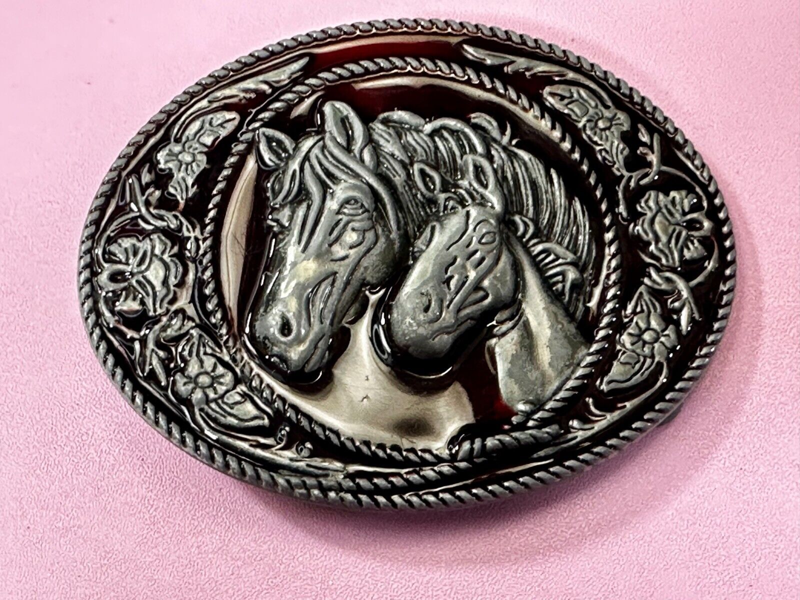 Two Horse Head's Red Color Enameled Western Cowboy's Belt Buckle
