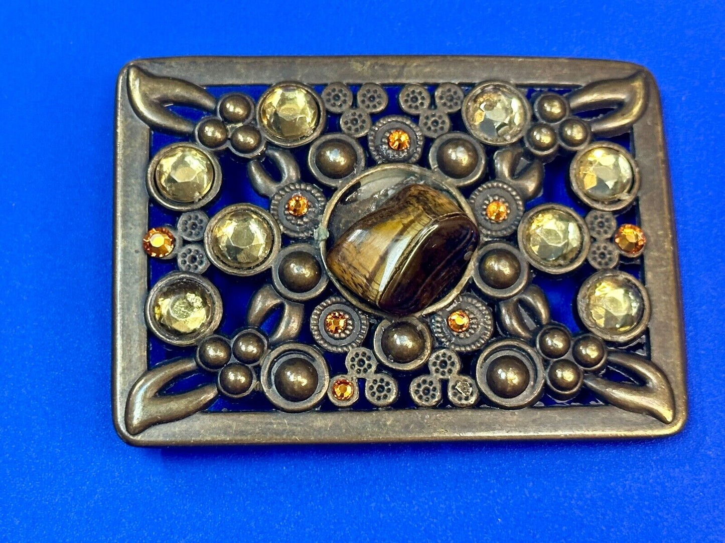 Antique Brass Style Hippie Vintage Belt Buckle With Tigers Eye In Center