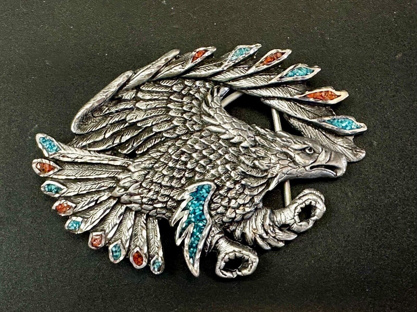 Turquoise Coral Cut Out Hunting Attacking Eagle 2002 Enchantment Belt Buckle