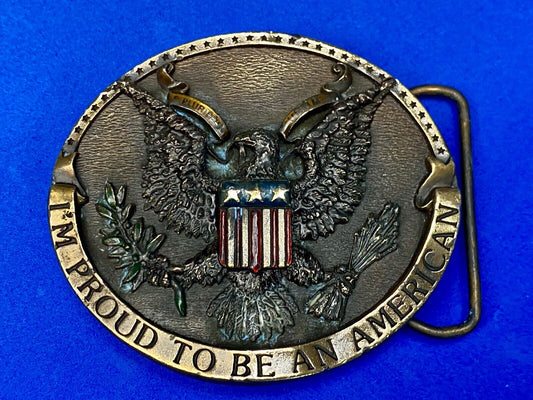 Vintage 1981 Im proud to be an American belt buckle by Bergamot  Eagle and Crest