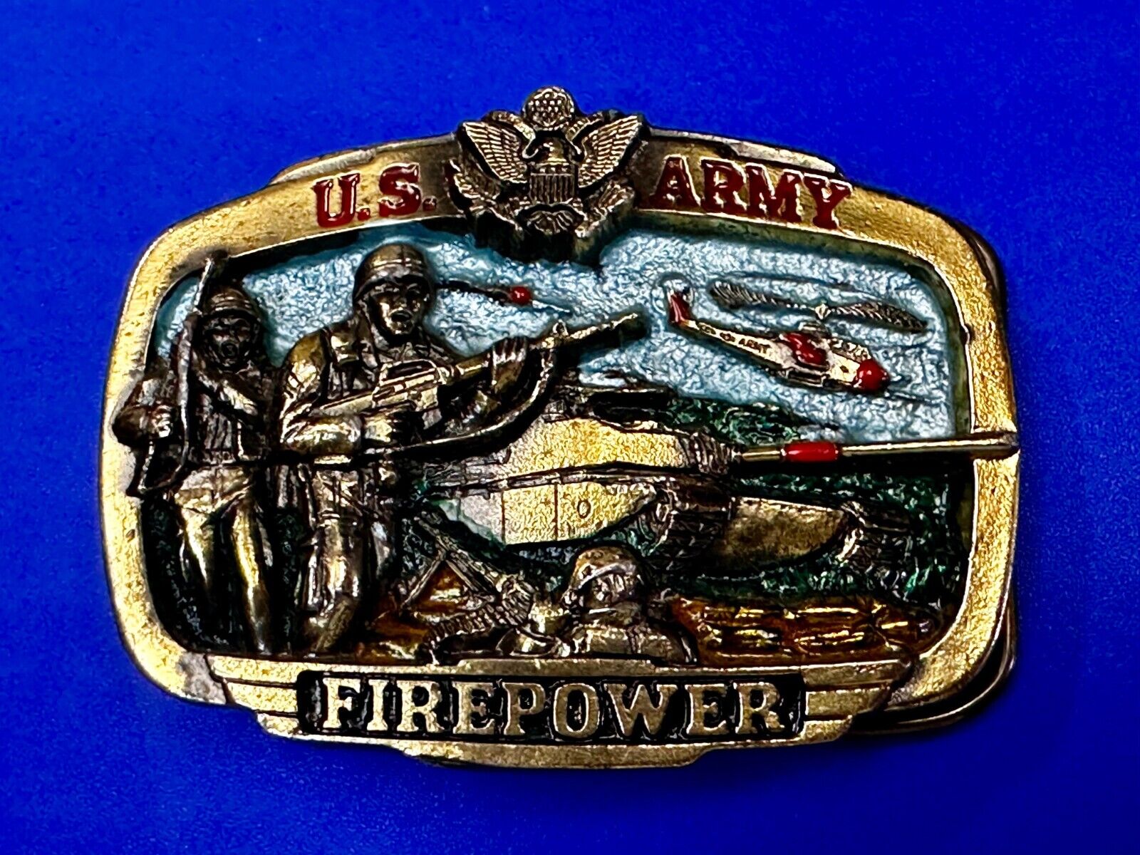 US Army Fire Power The Great American Buckle company Vintage Tank Helicopter