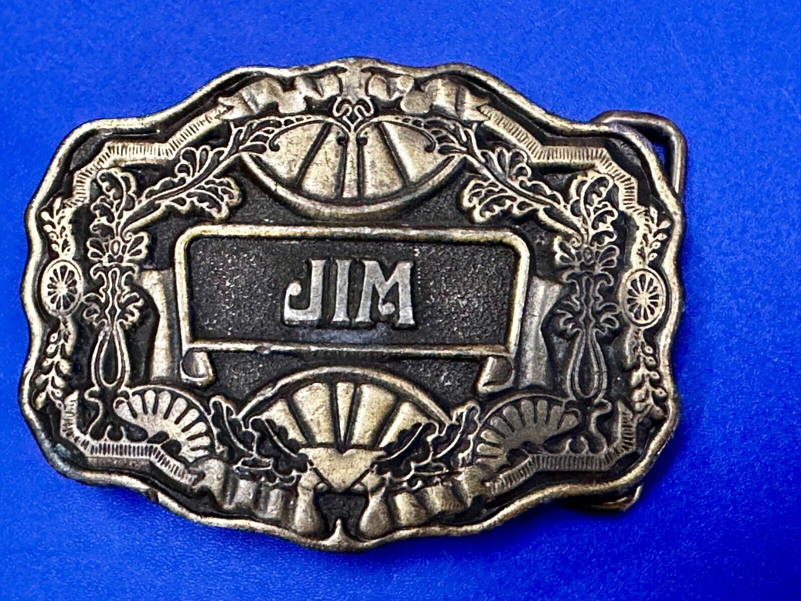 1970s  JIM Name - Custom Brass Tone Metal Oden USA Personalized Belt Buckle