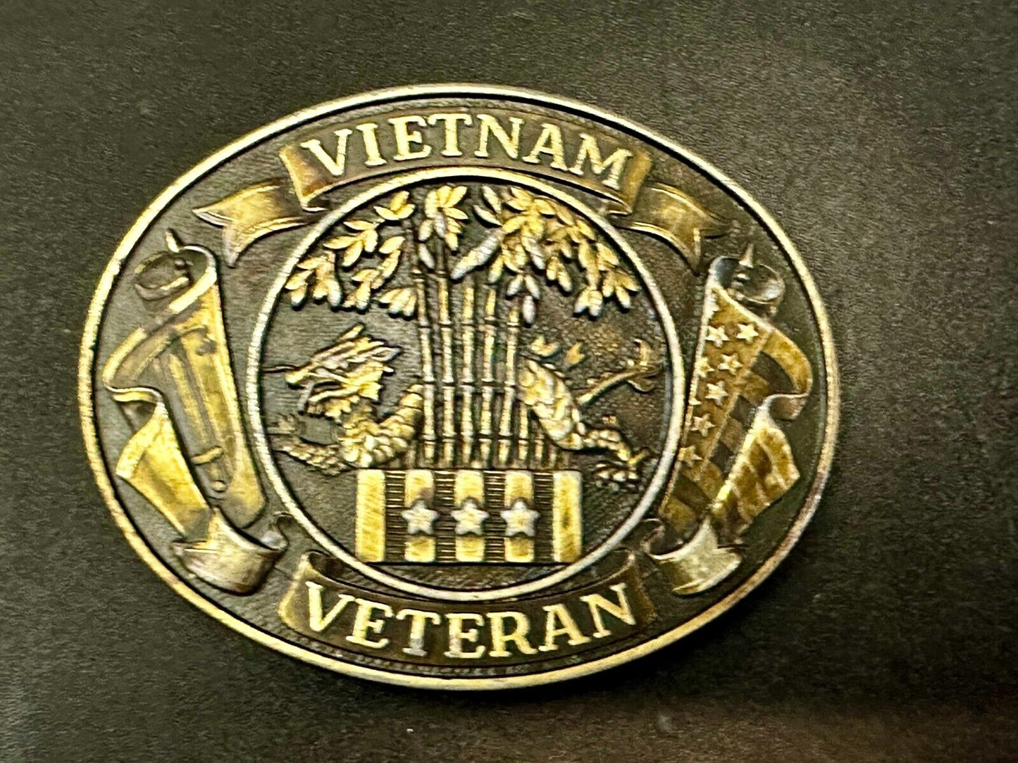 Vietnam Veteran Dragon Bamboo & Flag's Vsm Service Medal Logo Belt Buckle
