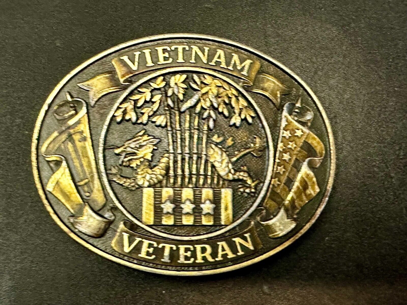 Vietnam Veteran Dragon Bamboo & Flag's Vsm Service Medal Logo Belt Buckle