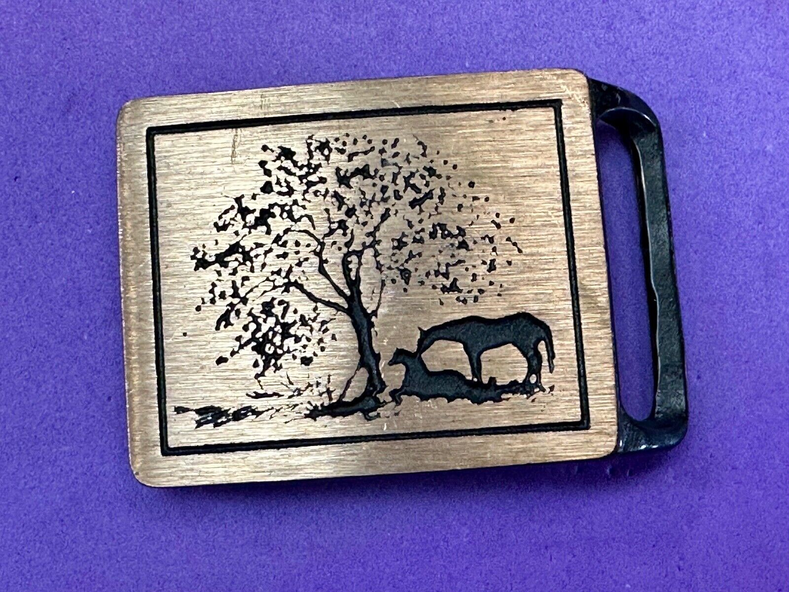 Two Horses Hippy Style 70's Horse at Tree Tech Ether Guild  belt buckle