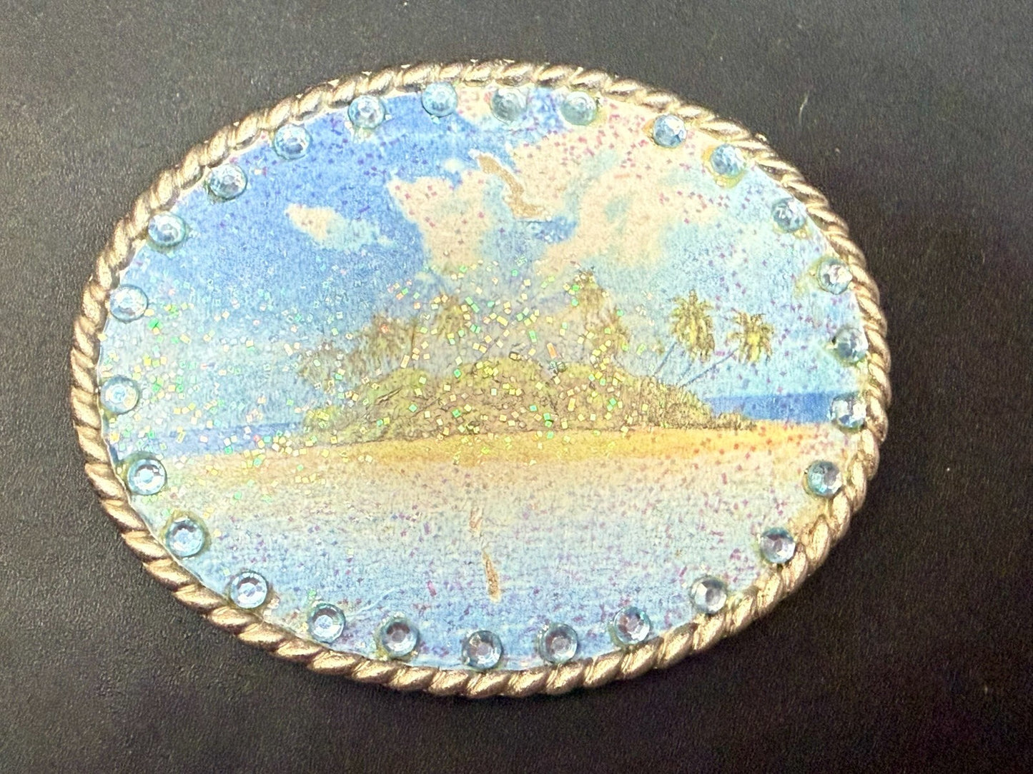 Tropical Island Paradise Picture Vintage Rhinestone Border Oval Belt Buckle