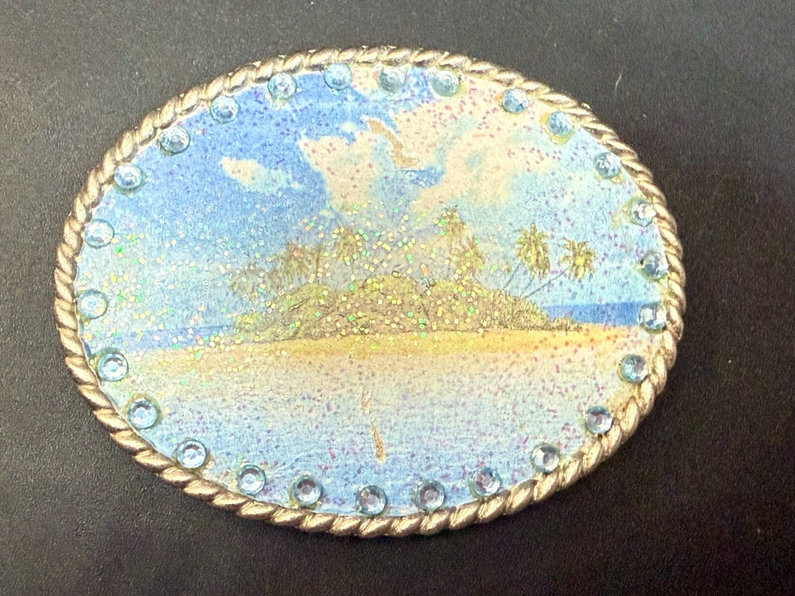 Tropical Island Paradise Picture Vintage Rhinestone Border Oval Belt Buckle