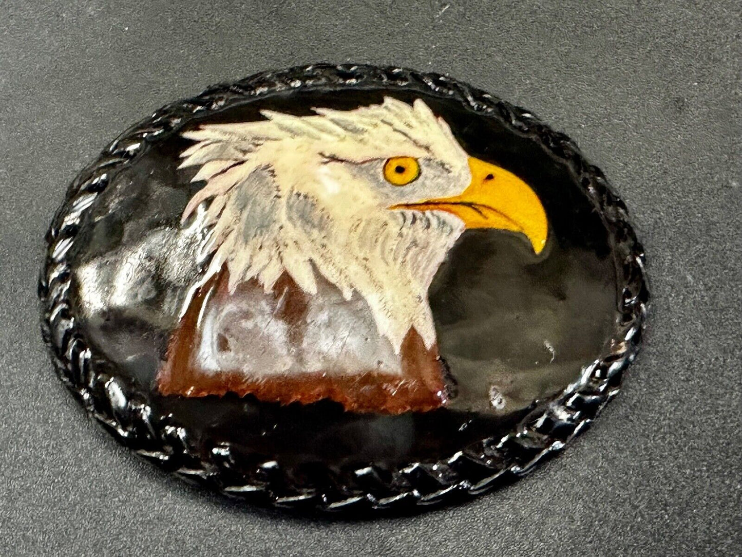 American Bald Eagle Vintage Patriotic USA Dark Leather hand stitched Belt Buckle