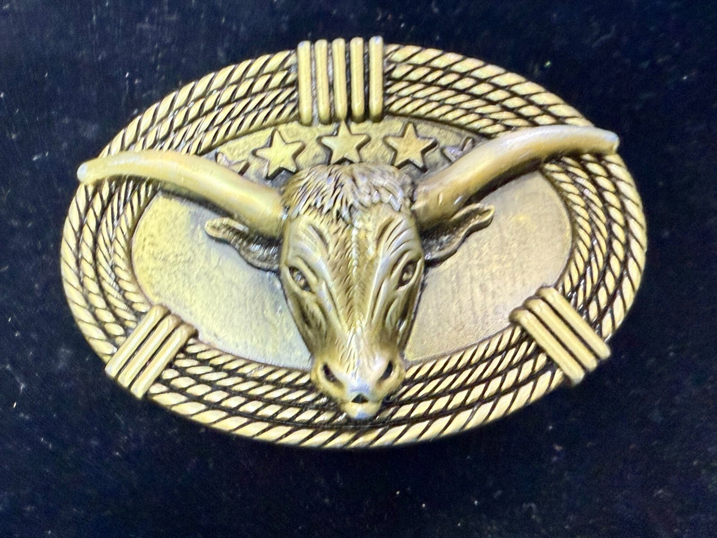 3D Longhorn Bull Head with Stars Rope Border Western Rodeo Cowboy Belt Buckle