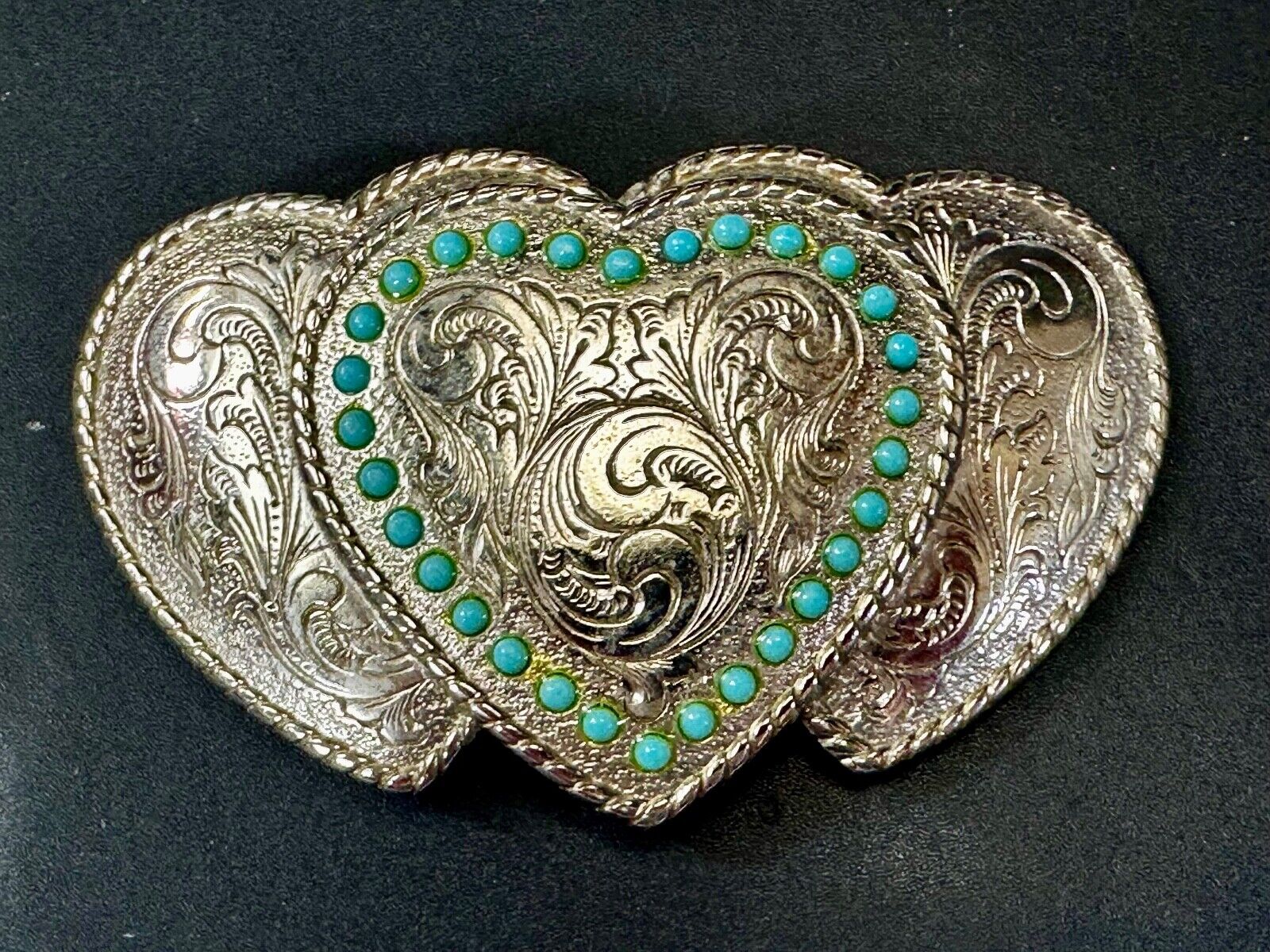 Triple 3 Hearts - Turquoise Colored Accented Or Outlined Three Heart Belt Buckle