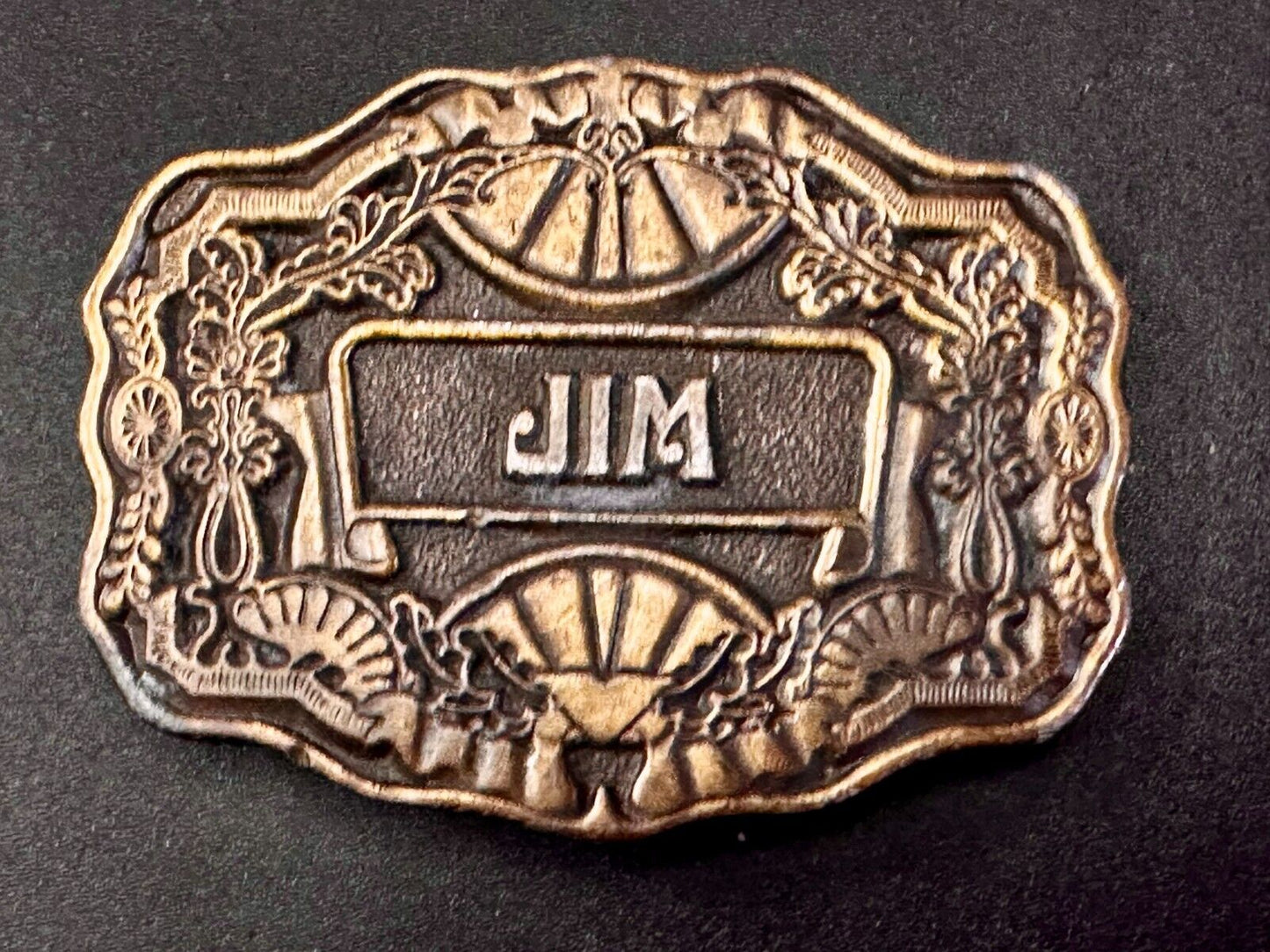 1970s  JIM Name - Custom Brass Tone Metal Oden USA Personalized Belt Buckle