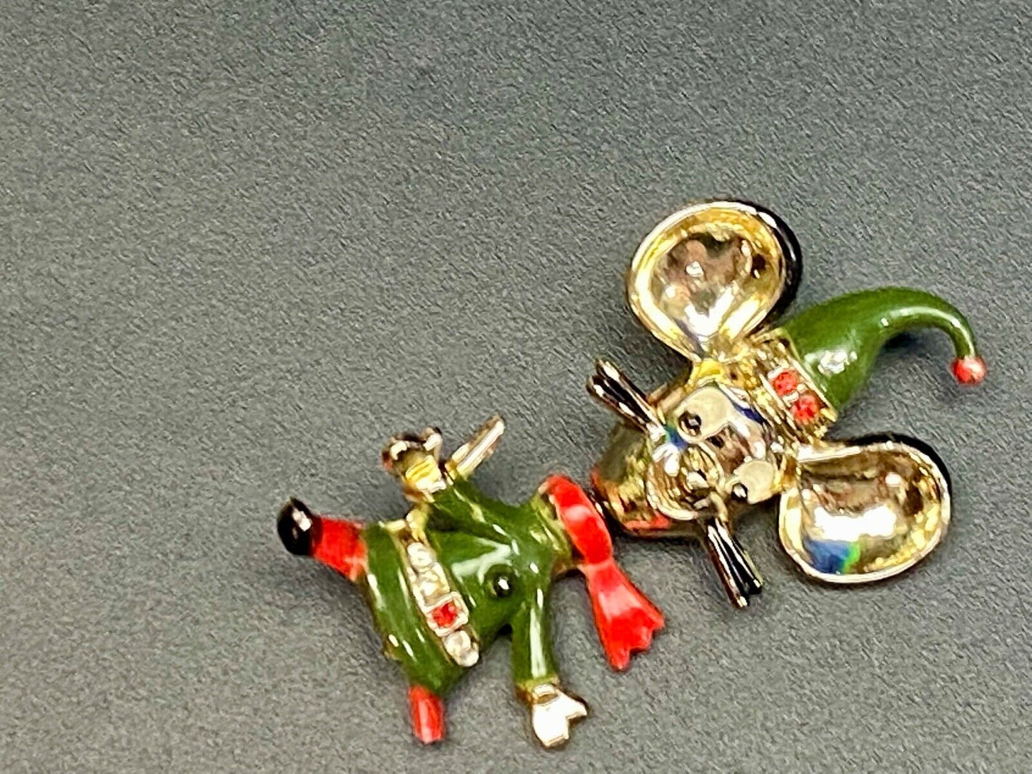 Vintage Jumping Mouse Brooch Pin by BEATRICE Red Green Enamel on GP Signed BJ