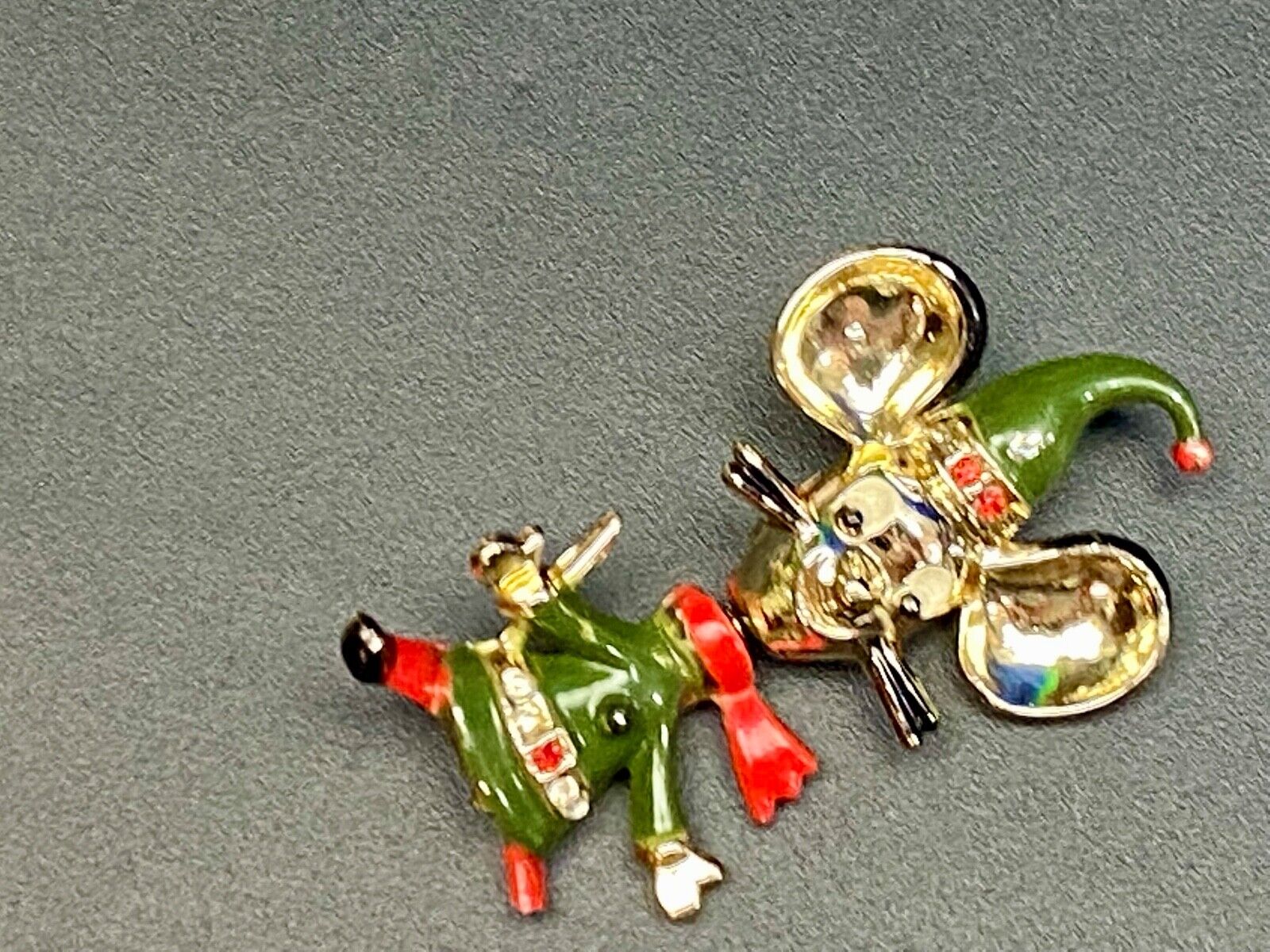 Vintage Jumping Mouse Brooch Pin by BEATRICE Red Green Enamel on GP Signed BJ