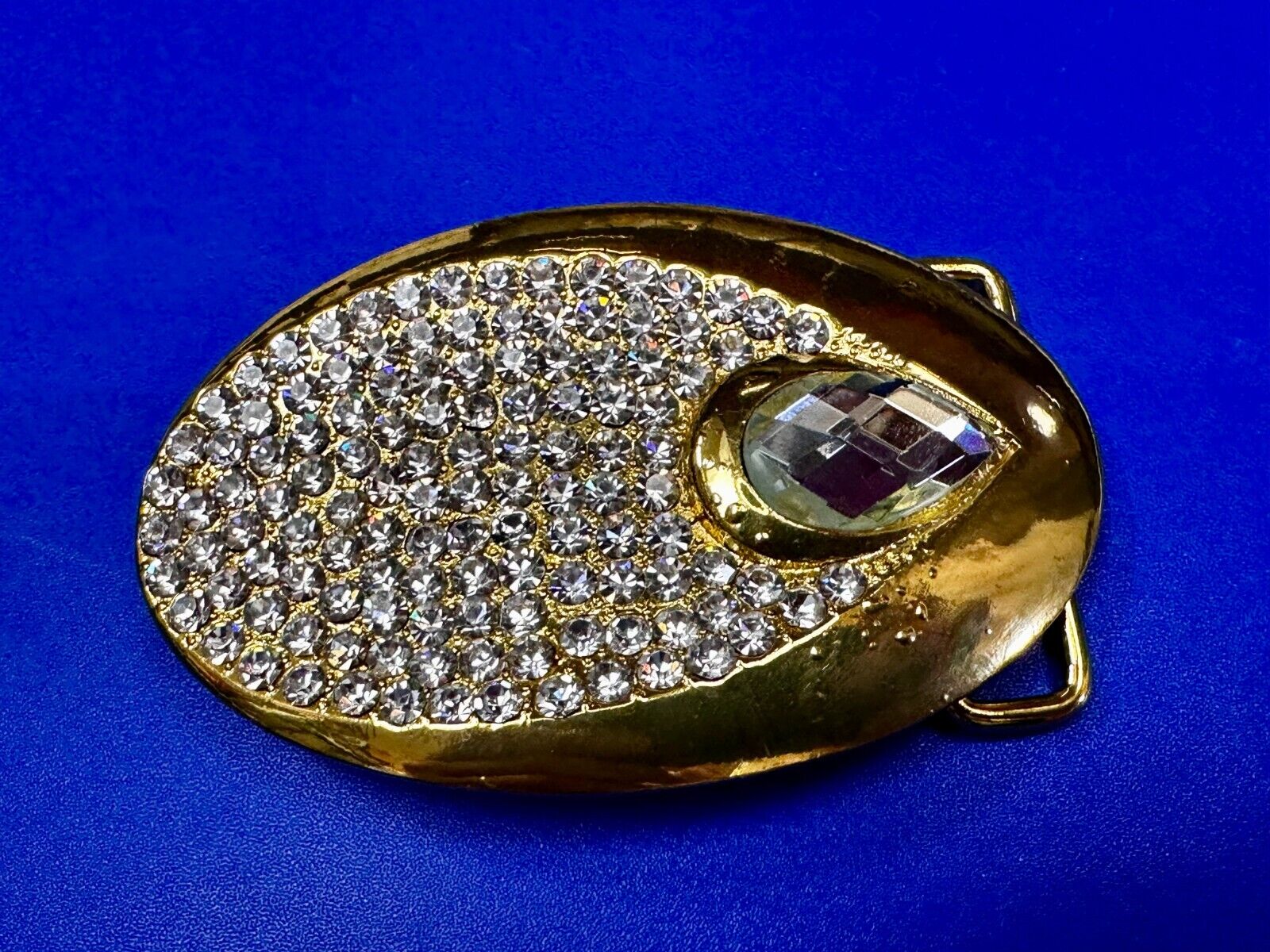 Beautiful Stylish Clear Rhinestone Covered Gold Tone Designer Oval Belt Buckle