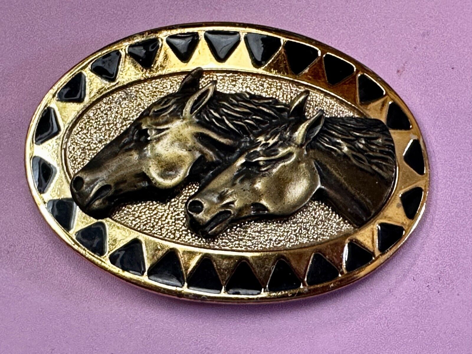 Two Running Horse Heads Vintage Mexico Belt Buckle - See Duck Makers Mark
