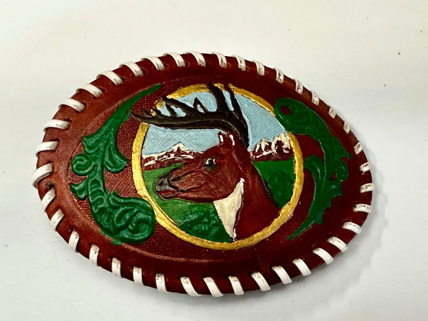 Artisan Leather Deer hand stitched large Vintage Belt Buckle