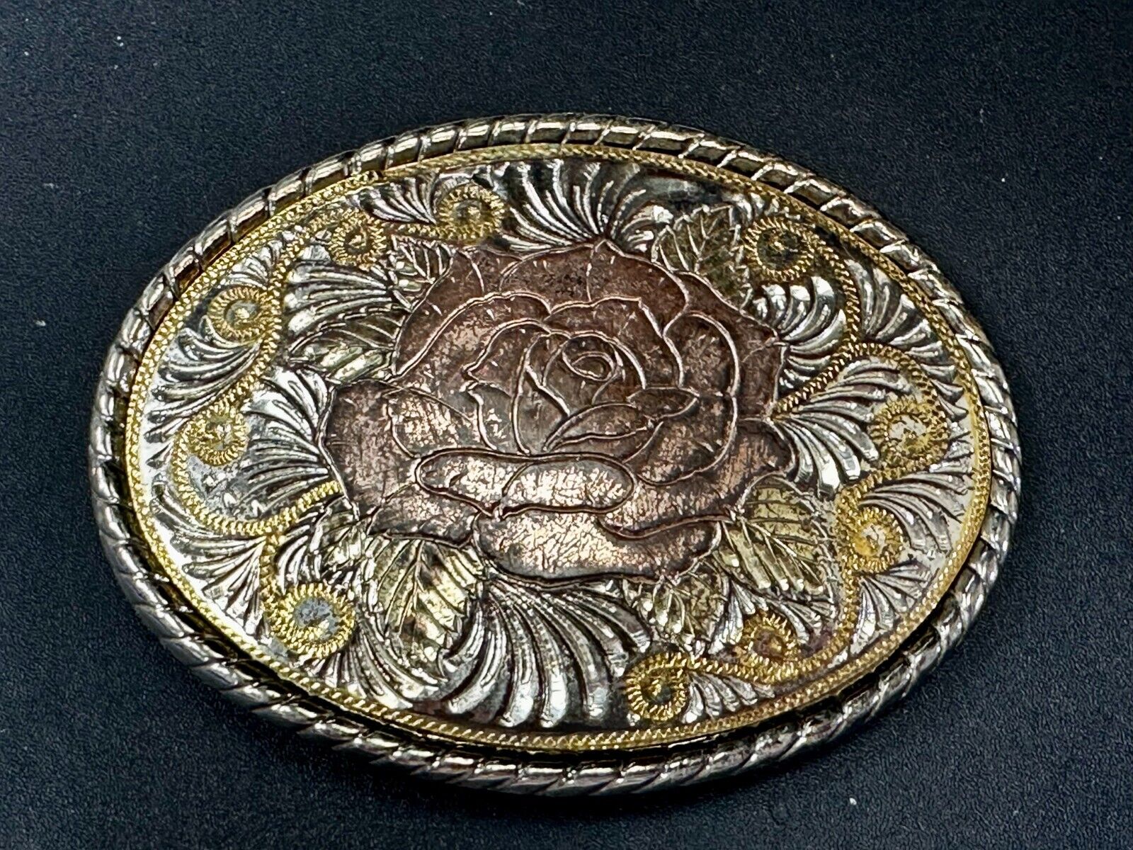 Beautiful Rose Flower Swirl Etched Design Mixed Metal Belt Buckle by W