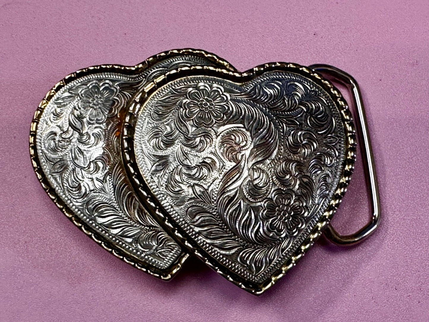 Twin Dual Hearts Flower Swirl Floral Theme Etched Western Belt Buckle W USA